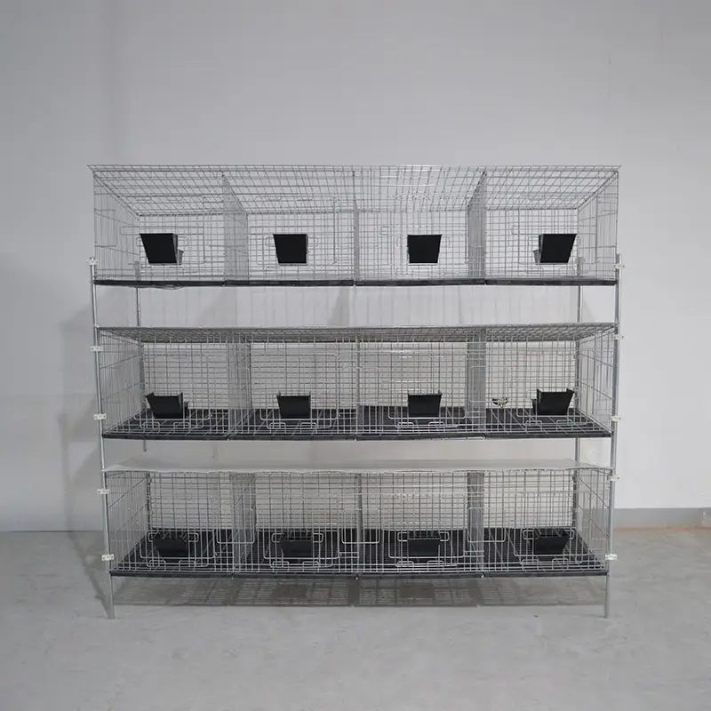 3-Tier Hot Galvanized Commercial Rabbit Cage With Plastic Feed Trough & Flat Manure Board 12 Compartments Meat Rabbit Breeding Cage Lefeng LF-R03-12