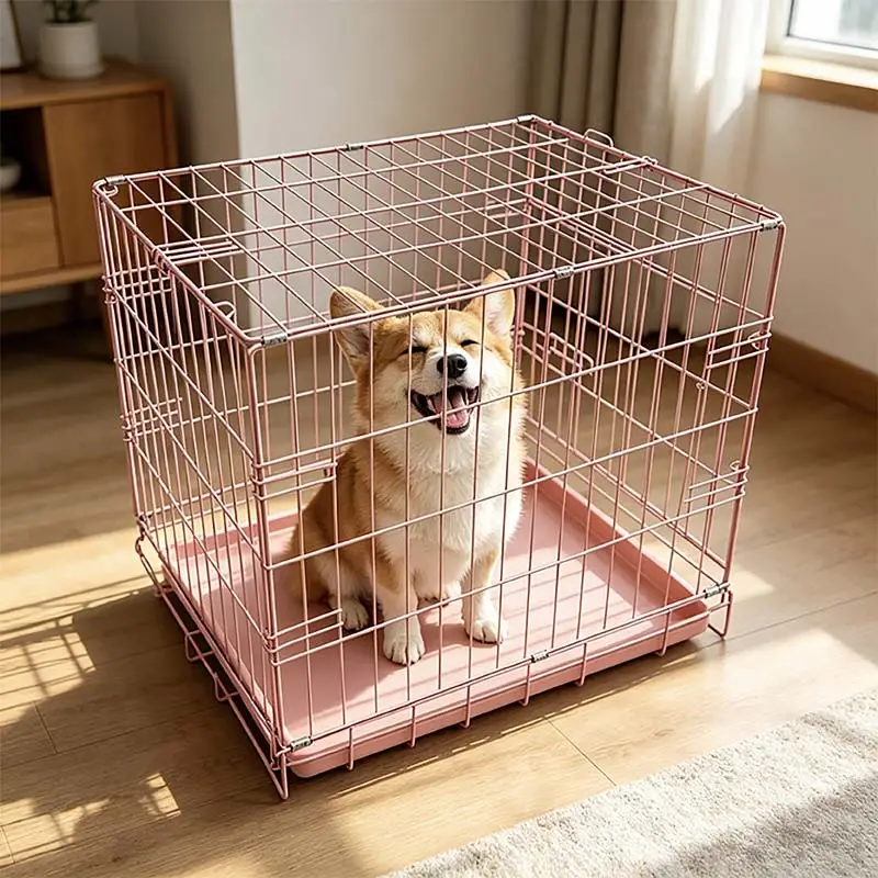 Pink color folding dog cage