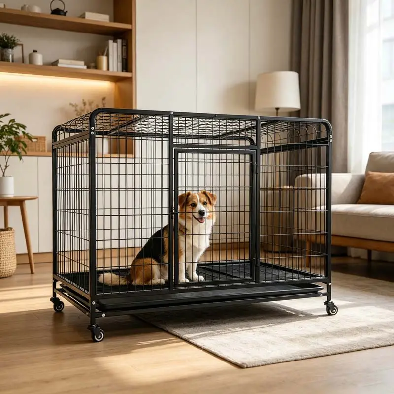 Factory Price Round Top Square Frame Wire Foldable Dog Cage 38/42/46 Inch Rolling Pet Kennel For Medium Large Dog Manufacturer