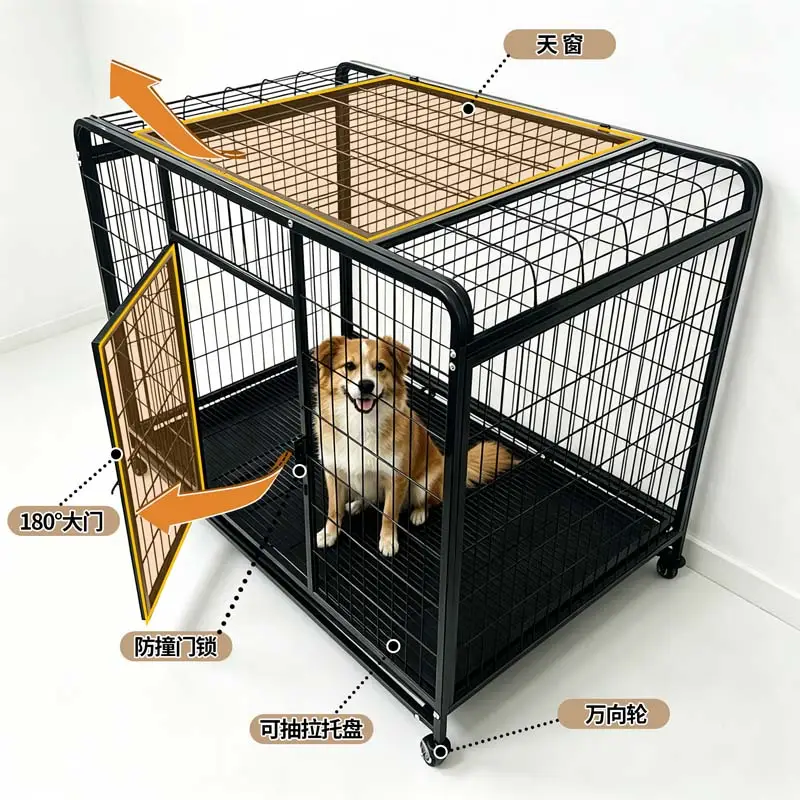 Factory Price Round Top Square Frame Wire Foldable Dog Cage 38/42/46 Inch Rolling Pet Kennel For Medium Large Dog Manufacturer