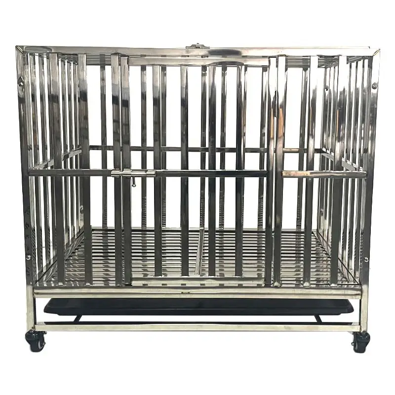 Stainless Steel Dog Crate With Lockable Rolling Casters Pull-out Waste Tray Heavy Duty Indoor Pet Dog Cage Lefeng LF-SS-D01
