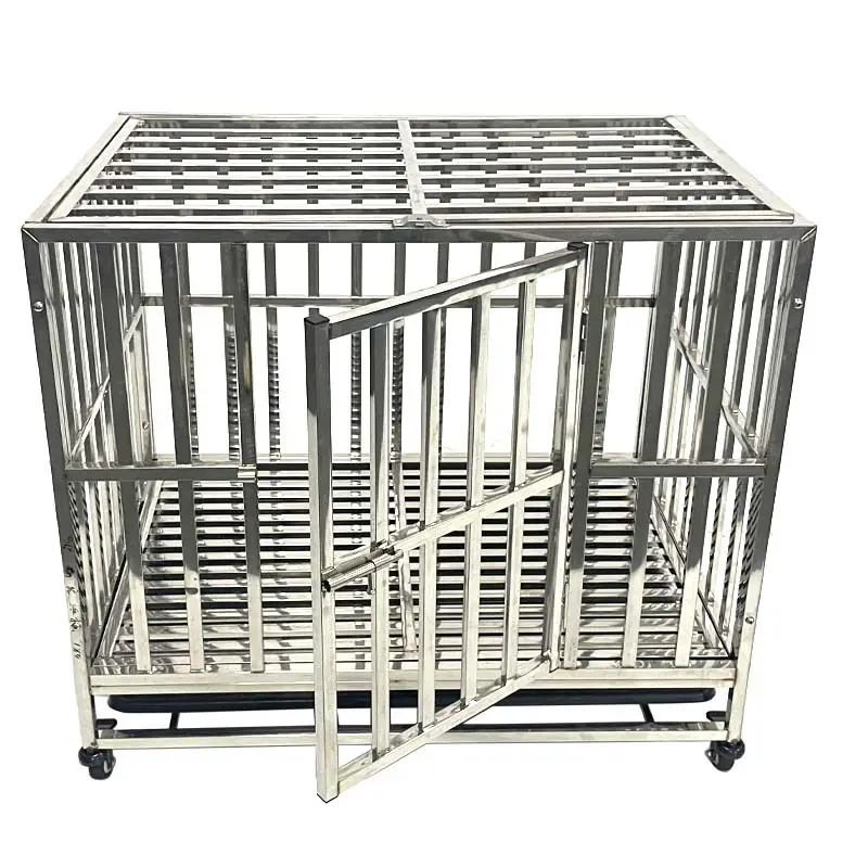 Stainless Steel Dog Crate With Lockable Rolling Casters Pull-out Waste Tray Heavy Duty Indoor Pet Dog Cage Lefeng LF-SS-D01 
