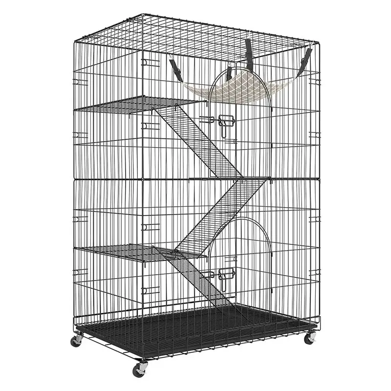 3-Tier Black Metal Wire Cat Cage With Rolling Wheels Ramp Platform Large Indoor Multi Level Cat House Lefeng LF-C03 For Kitten Adult Cat