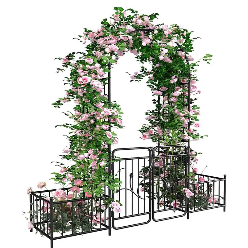 Black Metal Garden Arch with Gate, Weatherproof Trellis for Climbing Plants, Wedding Arbor for Backyard Decor